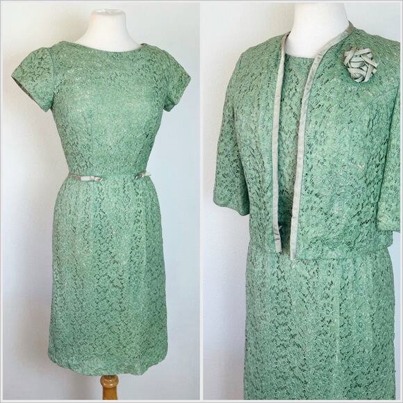 Vintage 1950s Mint Green Lace Wiggle‎ Dress With Jacket  // Size Small - Picture 1 of 7